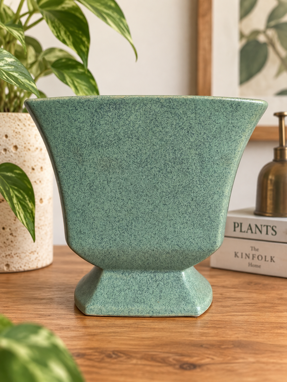 Vintage McCoy Floraline USA 455 Speckled Green Pedestal Planter